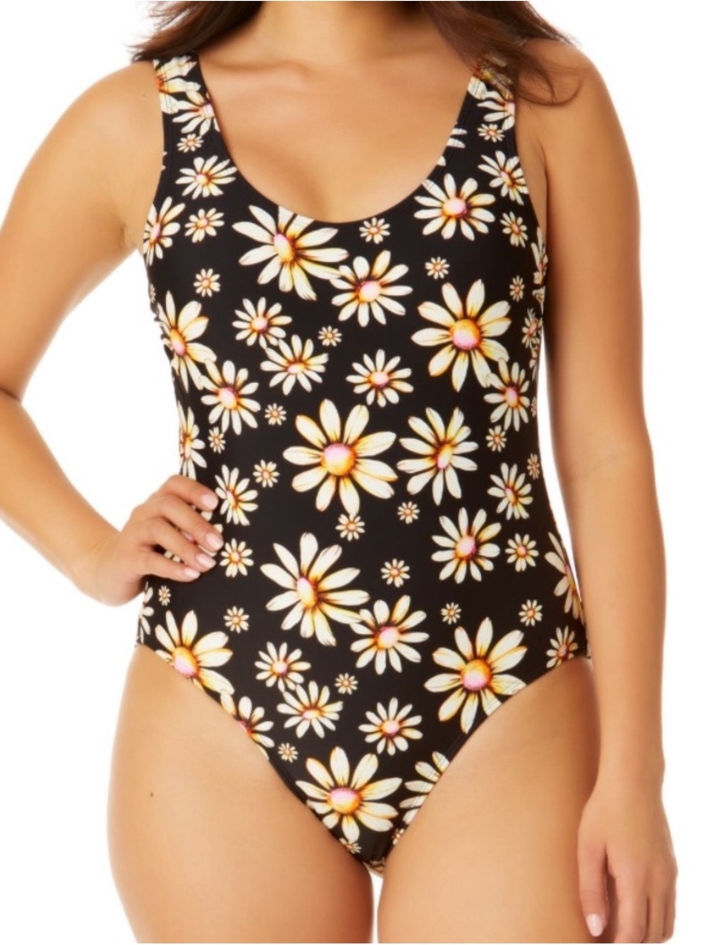 No Boundaries High Leg One Piece Swimsuit Size XL Black Daisy Floral Print 90s